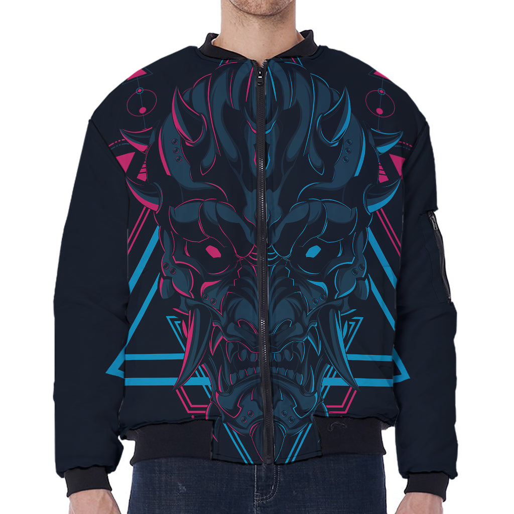Geometric Japanese Demon Print Zip Sleeve Bomber Jacket