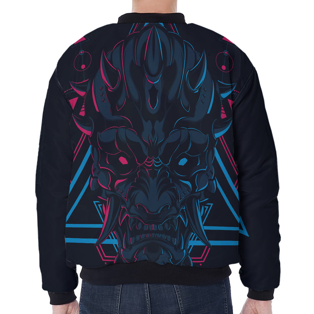 Geometric Japanese Demon Print Zip Sleeve Bomber Jacket
