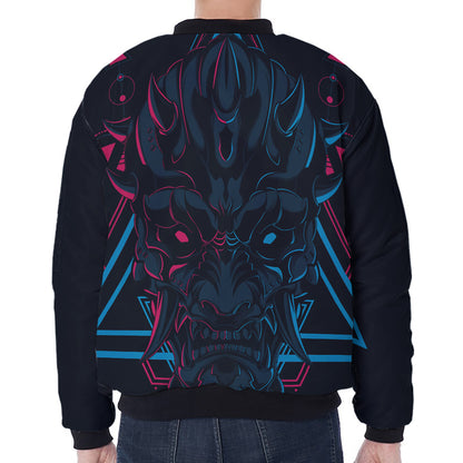 Geometric Japanese Demon Print Zip Sleeve Bomber Jacket