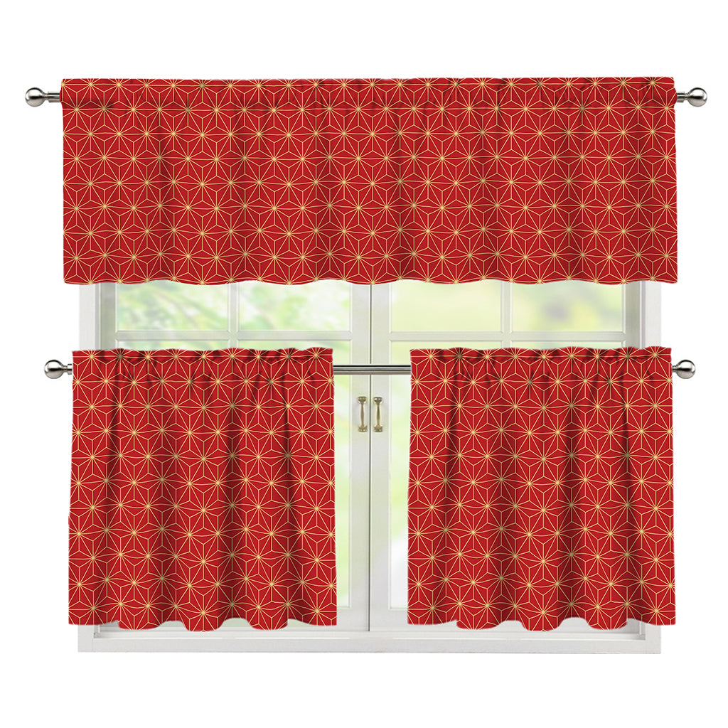 Geometric Japanese Floral Pattern Print 3 Piece Kitchen Curtains