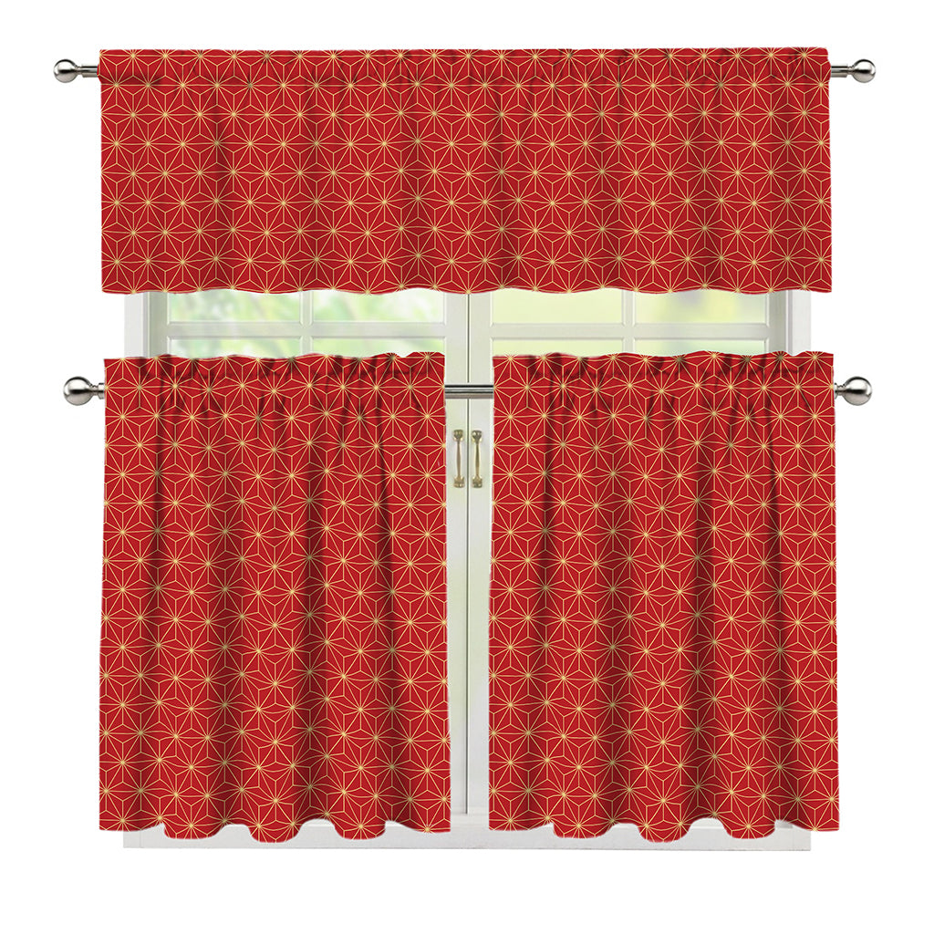 Geometric Japanese Floral Pattern Print 3 Piece Kitchen Curtains