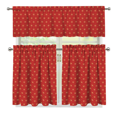 Geometric Japanese Floral Pattern Print 3 Piece Kitchen Curtains