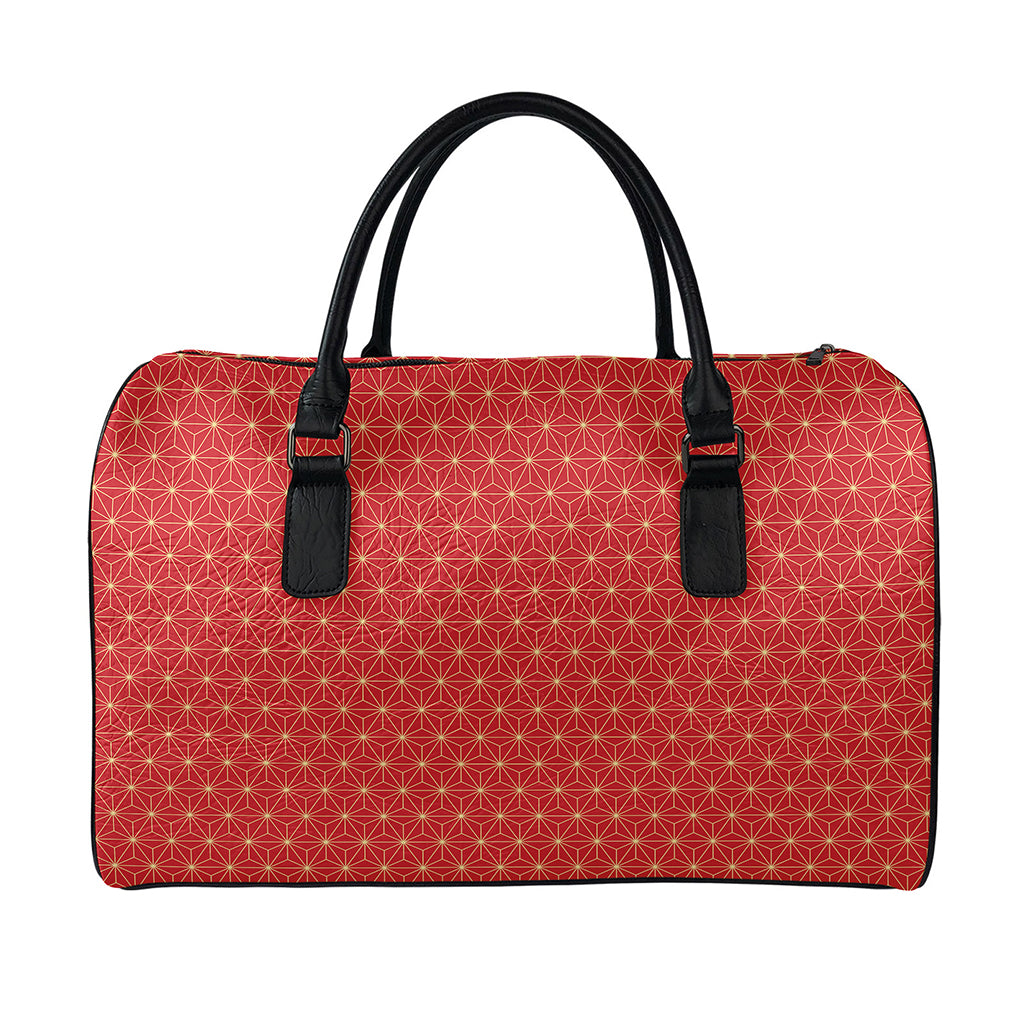 Geometric Japanese Floral Pattern Print Leather Duffle Bag