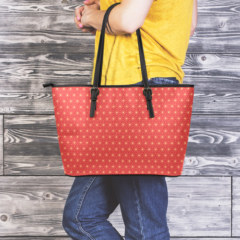 Geometric Japanese Floral Pattern Print Leather Tote Bag