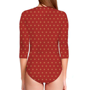 Geometric Japanese Floral Pattern Print Long Sleeve Swimsuit