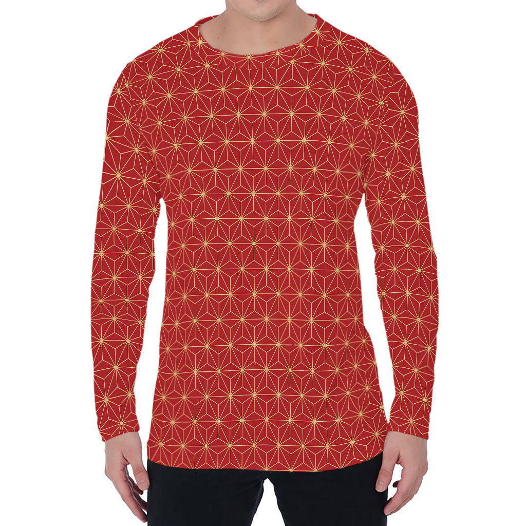 Geometric Japanese Floral Pattern Print Men's Long Sleeve T-Shirt