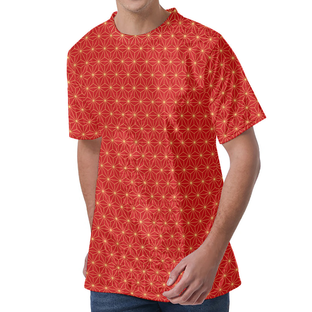 Geometric Japanese Floral Pattern Print Men's Velvet T-Shirt