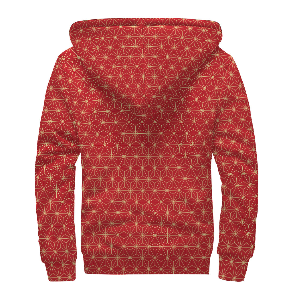 Geometric Japanese Floral Pattern Print Sherpa Lined Zip Up Hoodie