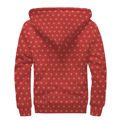 Geometric Japanese Floral Pattern Print Sherpa Lined Zip Up Hoodie