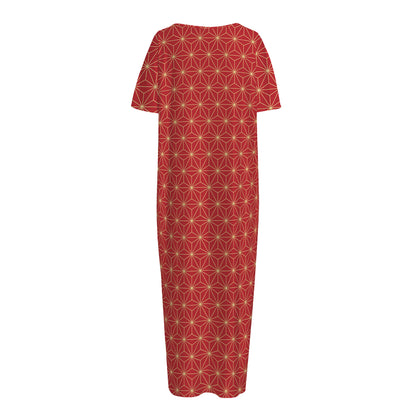 Geometric Japanese Floral Pattern Print Short Sleeve Long Nightdress