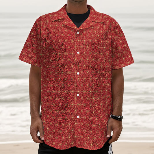 Geometric Japanese Floral Pattern Print Textured Short Sleeve Shirt