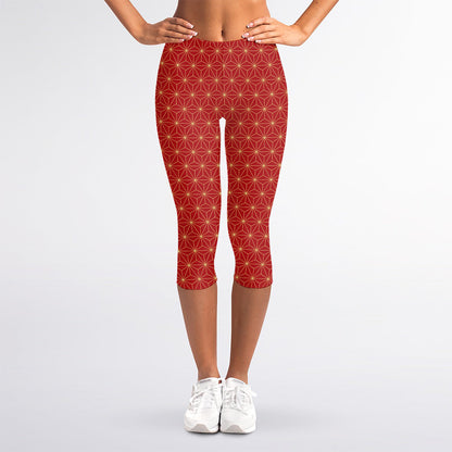 Geometric Japanese Floral Pattern Print Women's Capri Leggings