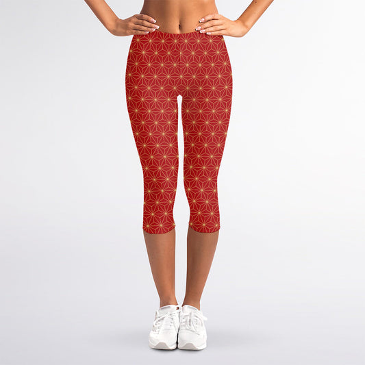 Geometric Japanese Floral Pattern Print Women's Capri Leggings