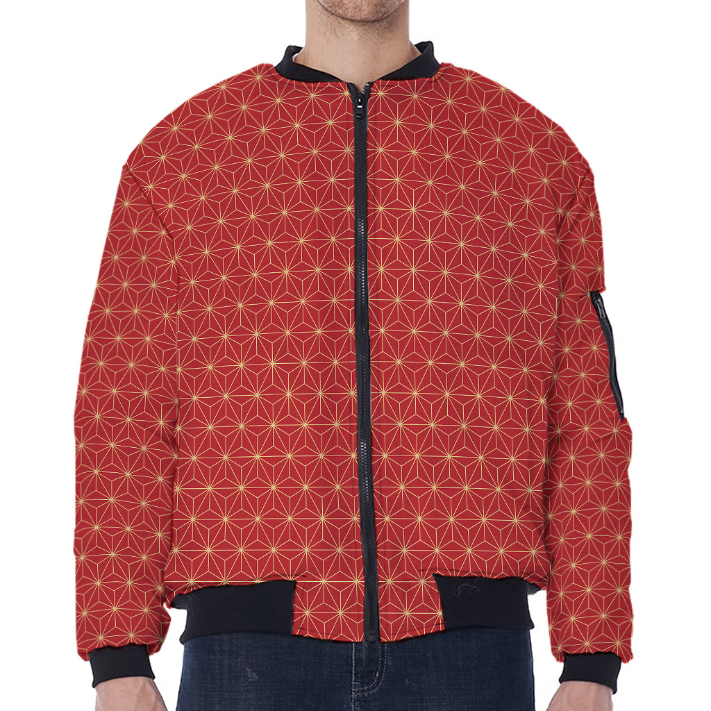 Geometric Japanese Floral Pattern Print Zip Sleeve Bomber Jacket