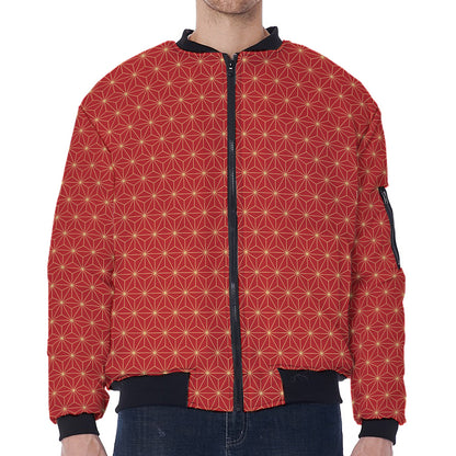 Geometric Japanese Floral Pattern Print Zip Sleeve Bomber Jacket