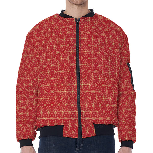 Geometric Japanese Floral Pattern Print Zip Sleeve Bomber Jacket