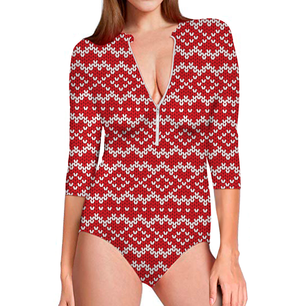 Geometric Knitted Pattern Print Long Sleeve Swimsuit