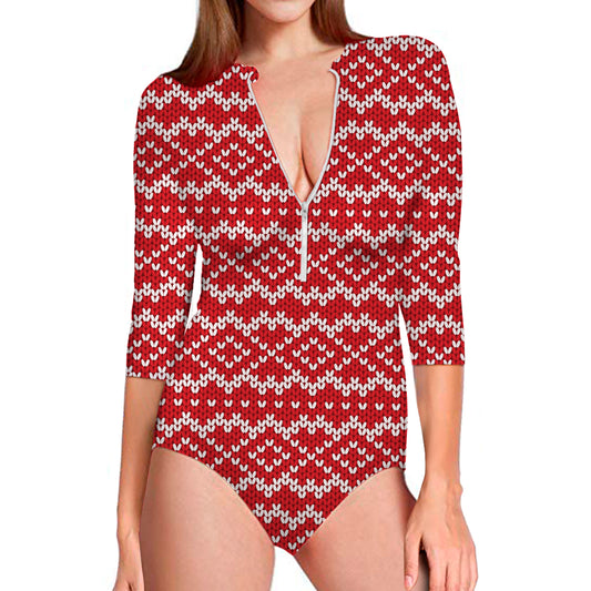 Geometric Knitted Pattern Print Long Sleeve Swimsuit