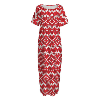 Geometric Knitted Pattern Print Short Sleeve Long Nightdress
