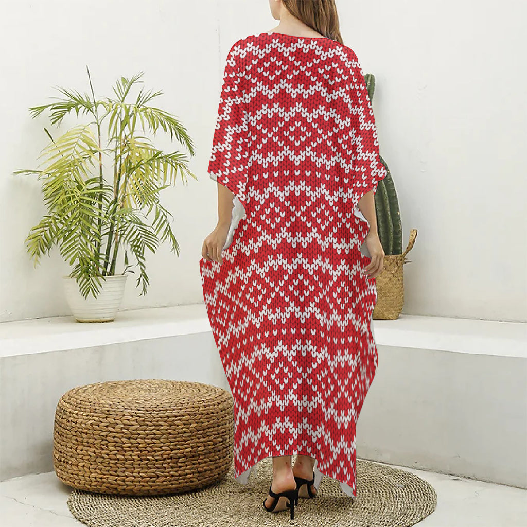 Geometric Knitted Pattern Print Silk V-Neck Kaftan Dress