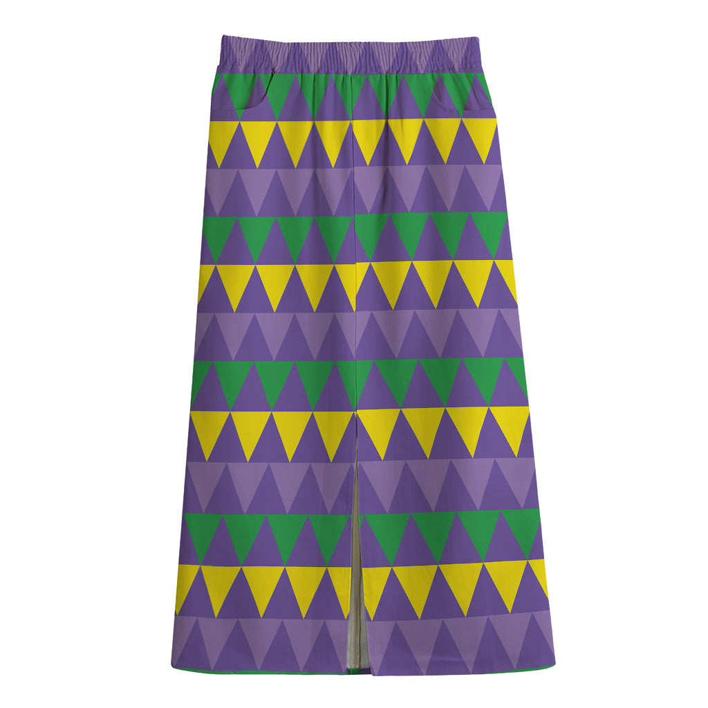 Geometric Mardi Gras Pattern Print Cotton Front Slit Maxi Skirt
