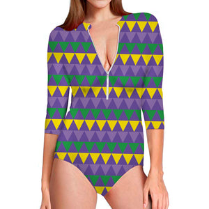 Geometric Mardi Gras Pattern Print Long Sleeve Swimsuit