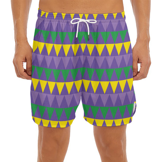 Geometric Mardi Gras Pattern Print Men's Split Running Shorts