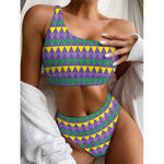 Geometric Mardi Gras Pattern Print One Shoulder Bikini Top