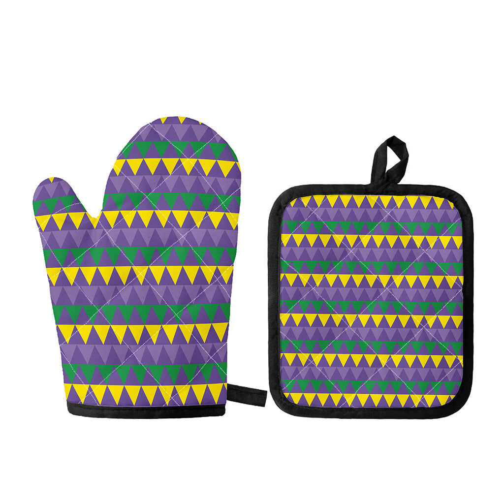 Geometric Mardi Gras Pattern Print Oven Mitt And Pot Holder Set