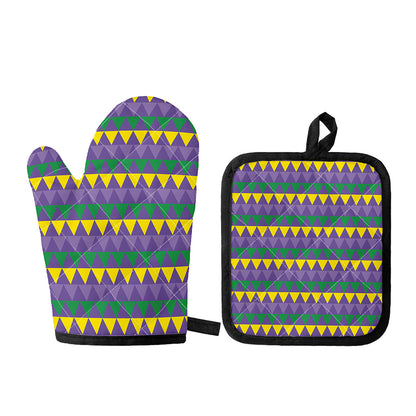 Geometric Mardi Gras Pattern Print Oven Mitt And Pot Holder Set