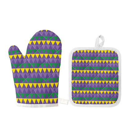 Geometric Mardi Gras Pattern Print Oven Mitt And Pot Holder Set