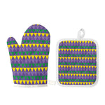 Geometric Mardi Gras Pattern Print Oven Mitt And Pot Holder Set