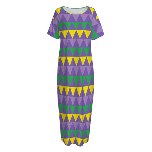 Geometric Mardi Gras Pattern Print Short Sleeve Long Nightdress