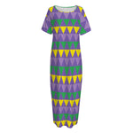 Geometric Mardi Gras Pattern Print Short Sleeve Long Nightdress