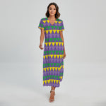 Geometric Mardi Gras Pattern Print Short Sleeve Maxi Dress