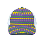 Geometric Mardi Gras Pattern Print White Mesh Trucker Cap