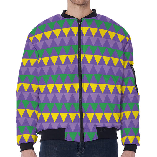 Geometric Mardi Gras Pattern Print Zip Sleeve Bomber Jacket