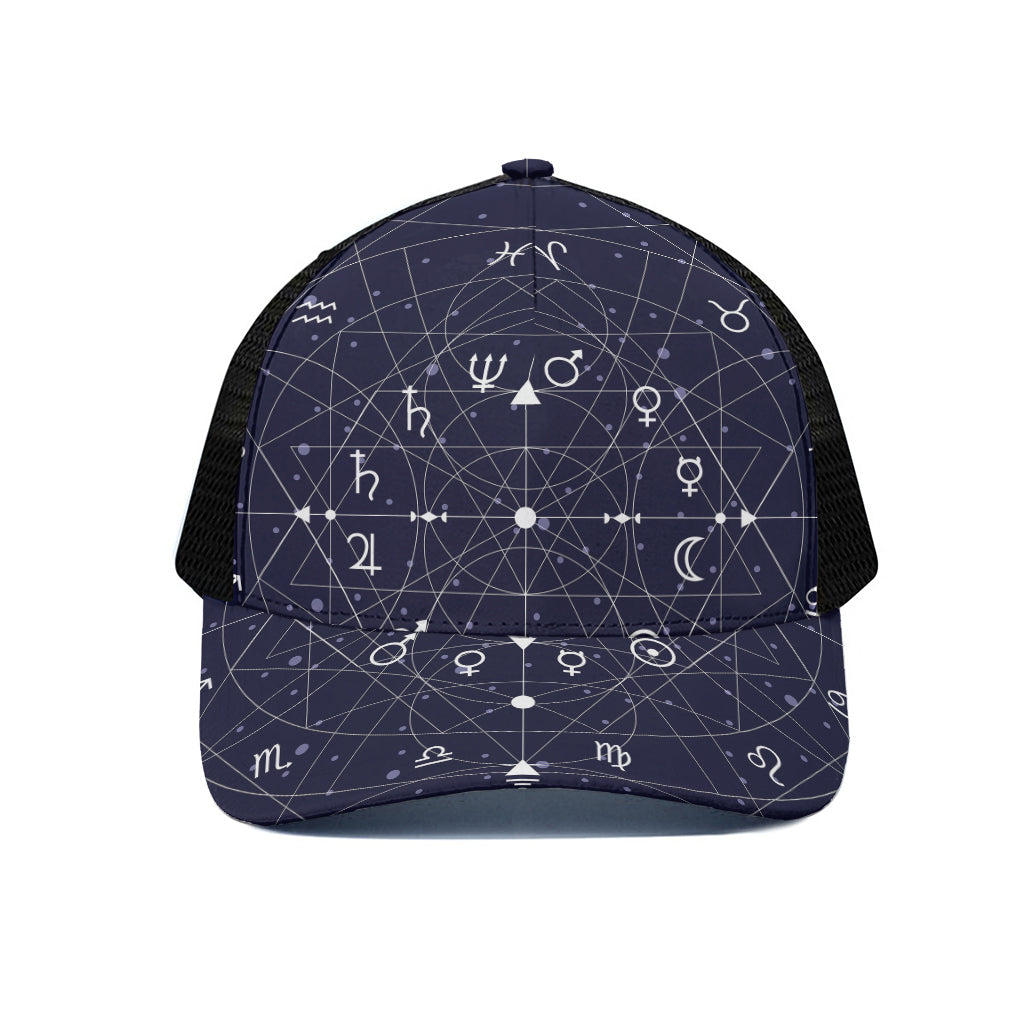 Geometric Moon Phase Print Black Mesh Trucker Cap