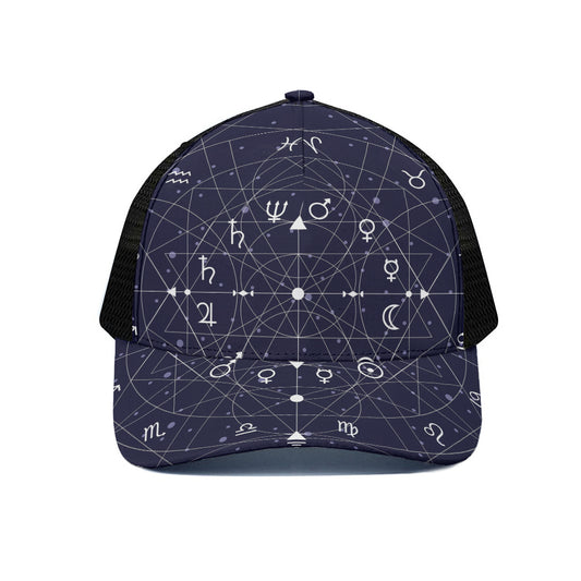 Geometric Moon Phase Print Black Mesh Trucker Cap
