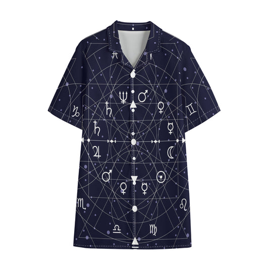 Geometric Moon Phase Print Cotton Hawaiian Shirt