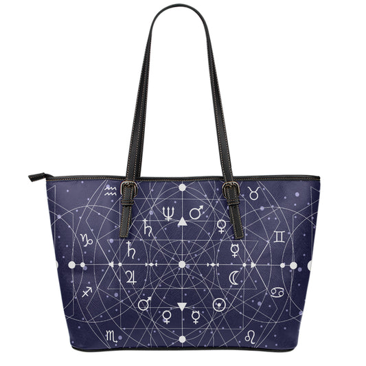 Geometric Moon Phase Print Leather Tote Bag