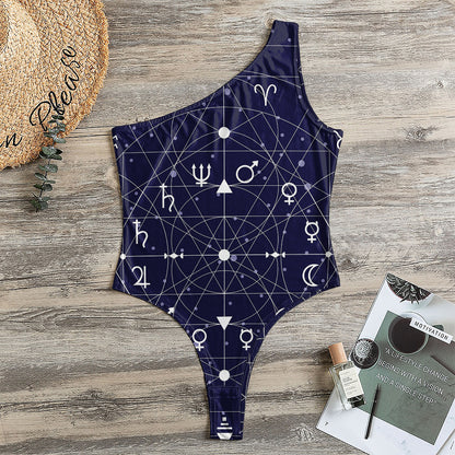Geometric Moon Phase Print One Shoulder Bodysuit