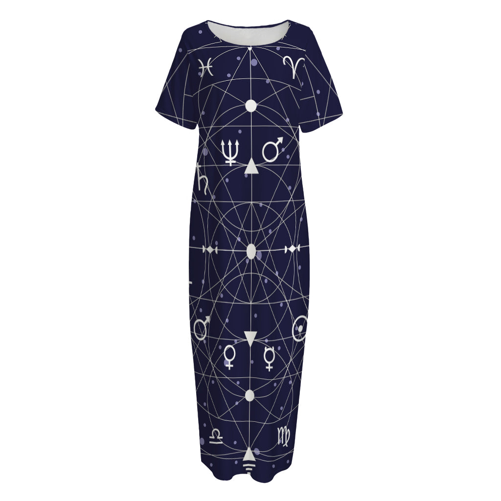 Geometric Moon Phase Print Short Sleeve Long Nightdress