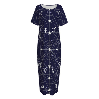 Geometric Moon Phase Print Short Sleeve Long Nightdress