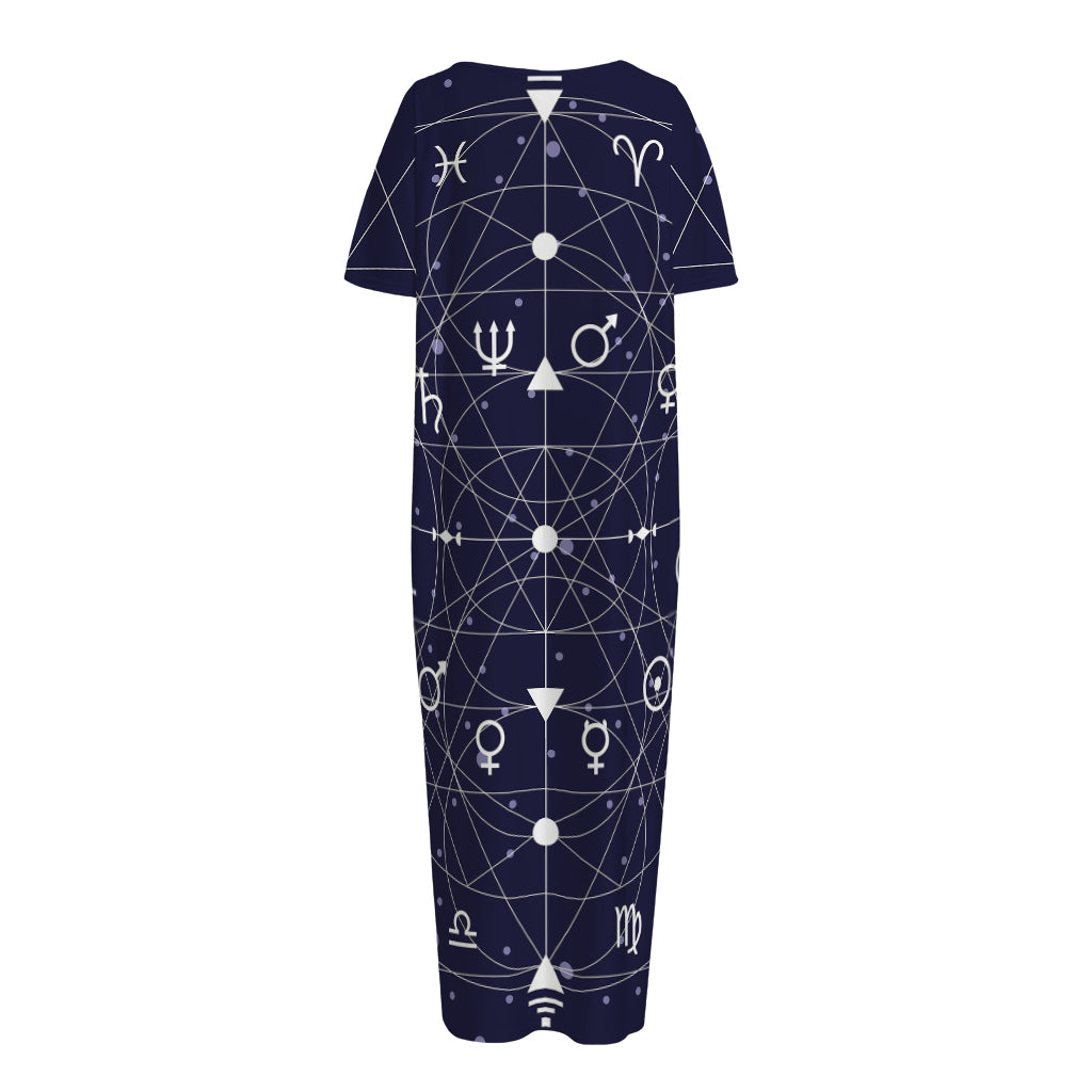 Geometric Moon Phase Print Short Sleeve Long Nightdress