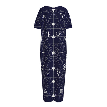 Geometric Moon Phase Print Short Sleeve Long Nightdress