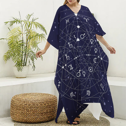 Geometric Moon Phase Print Silk V-Neck Kaftan Dress