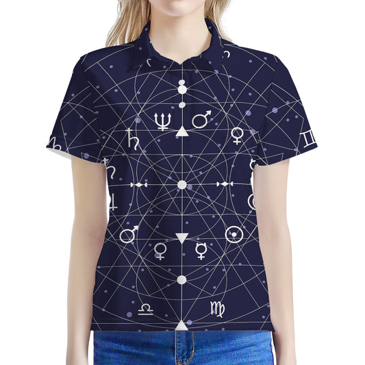 Geometric Moon Phase Print Women's Polo Shirt
