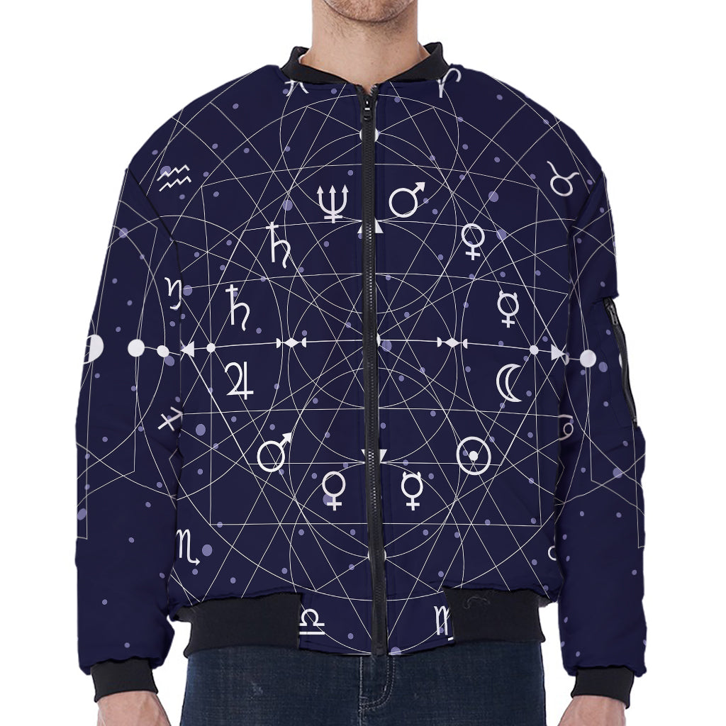 Geometric Moon Phase Print Zip Sleeve Bomber Jacket
