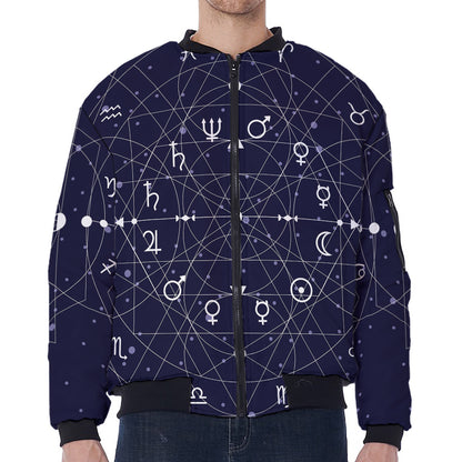 Geometric Moon Phase Print Zip Sleeve Bomber Jacket